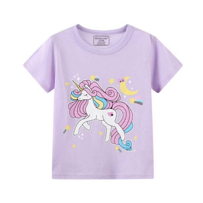 HILEELANG Toddler Girls' Short Sleeve Tee Shirt Cotton Crewneck Unicorn Graphic Tops T-Shirts Purple Green 3 Packs