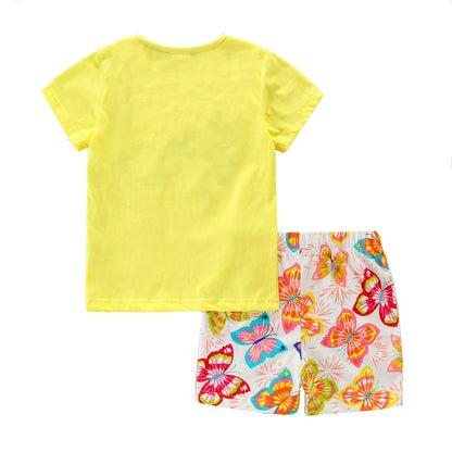 HILEELANG Toddler Girl Summer Short Sets Outfits Cotton Casual Yellow Butterfly Short Sleeve Tee Shirts Floral Shorts Fashion Clothing
