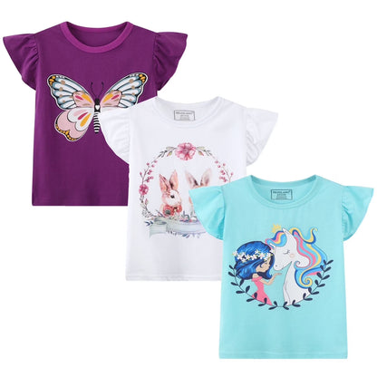 HILEELANG Toddler Girl's Tee Shirts Summer Puff Short Sleeve Cotton Casual Crewneck Graphic Ruffle Cap Easter Purple Butterfly T-Shirts Tops 3 Packs