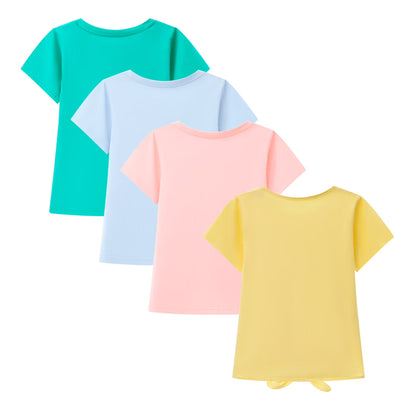 HILEELANG 4-PC Little Girls 5-16Y Teal Light Blue Peach Yellow Cotton Short Sleeve Crewneck T Shirt Tee