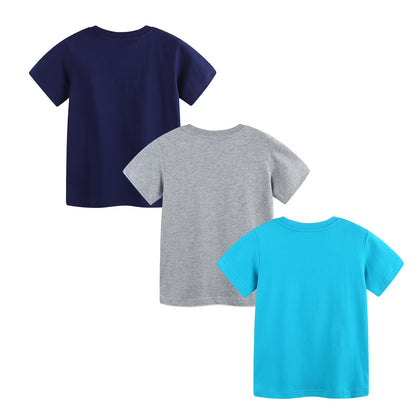 HILEELANG 2-7T Toddler Little Boys 3-Pack T-Shirts Dinosaur Fire Truck Space Rocket Graphic 100% Cotton Short Sleeve Summer Tees Blue Gray Teal