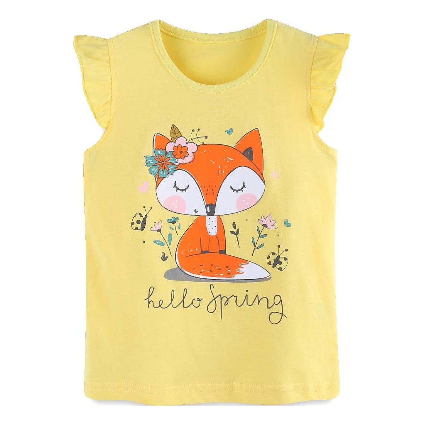 HILEELANG Toddler Girl Summer Short Sets Outfits Cotton CrewNeck Yellow Fox Short Sleeve Playwear 2PC Sets 2T