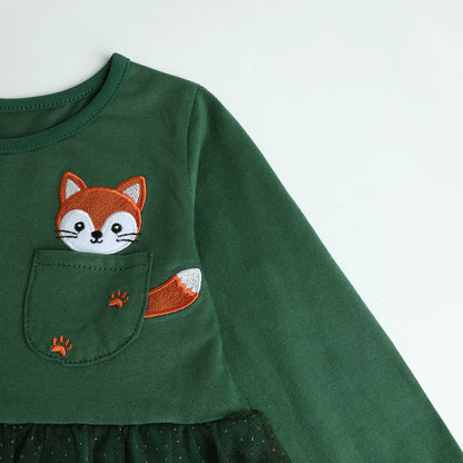 HILEELANG  Girls Fox Pocket Layered Dress, Long Sleeve 2-7Y