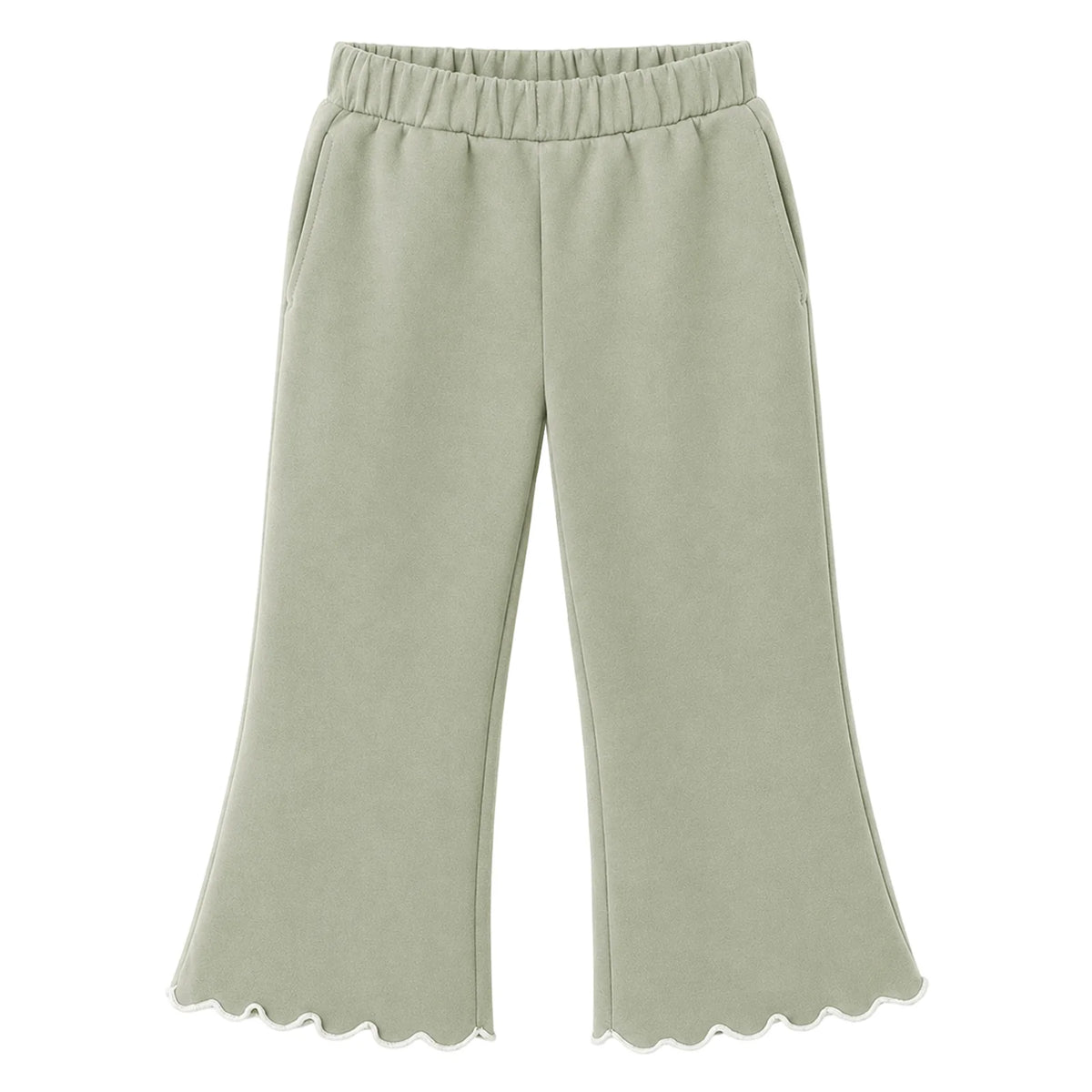 HILEELANG Girls 2 Piece Outfit Set, Bow Detail Long Sleeve Top & Flare Pants, Scallop Trim, Sage Green