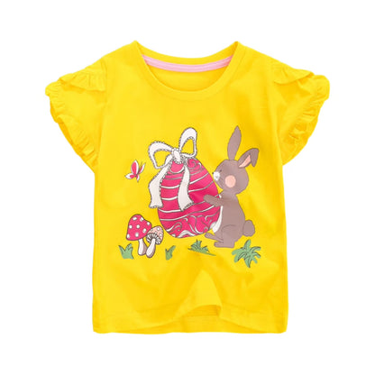 HILEELANG Toddler Girls' Short Sleeve Tee Shirt Cotton Casual Crewneck Cat Rabbit Bee Graphic Tops T-Shirts Pink Yellow Green 3 Packs