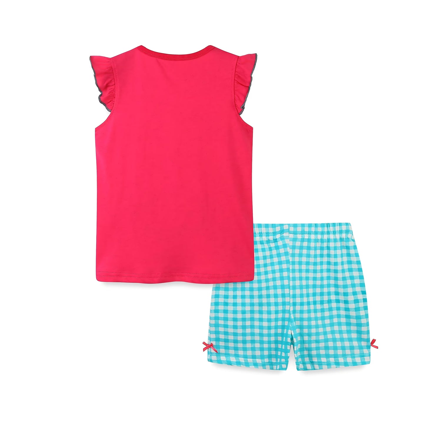 HILEELANG Toddler Girl's Summer Cotton Outfit Set, Ruffle Sleeve Pink Fish Top and Check Shorts