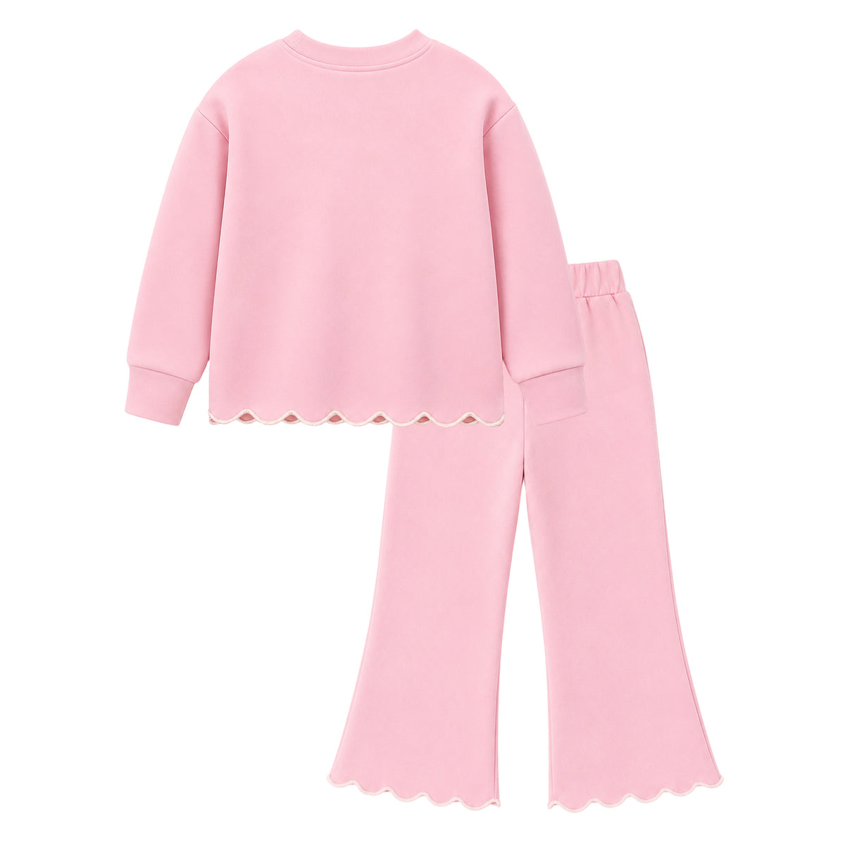 HILEELANG Girls 2-Piece Outfit Set, Bow Embroidered Sweatshirt and Flare Pants with Scalloped Trim, Pink, Ages 3Y