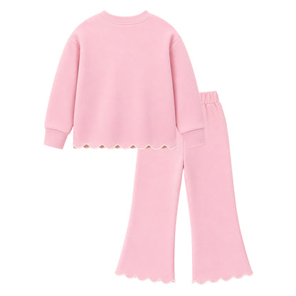 HILEELANG Girls 2-Piece Outfit Set, Bow Embroidered Sweatshirt and Flare Pants with Scalloped Trim, Pink, Ages 3Y