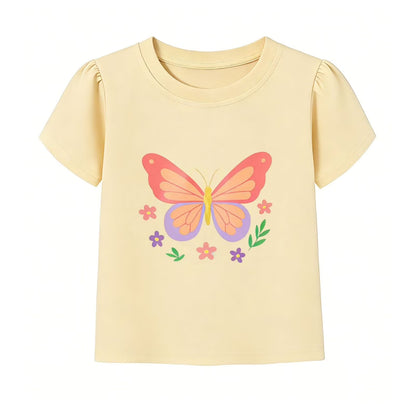 HILEELANG 2-7T Toddler/Little Girls 100% Cotton 3 Pack Floral Butterfly Graphic Short Sleeve T-Shirt