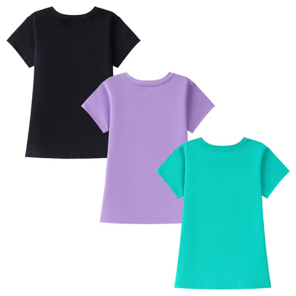 HILEELANG Little Girl Short Sleeve Tees Summer Purple Black Green Girl Cotton Tops Shirts 3 Packs