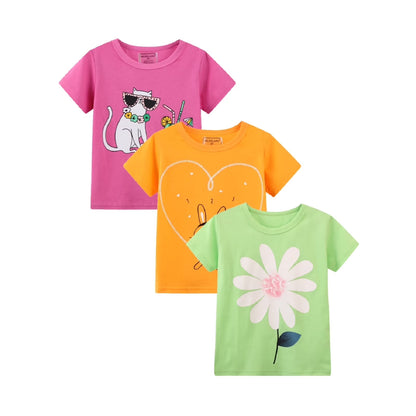HILEELANG Toddler Girl Short Sleeve Tee Shirt Cotton Casual Crewneck Flower Graphic Tops T-Shirts Pink Yellow Green 3 Packs