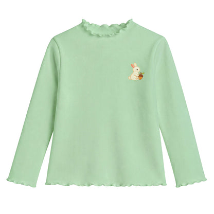 HILEELANG Toddler Girls Long Sleeve T-Shirts 2-Pack, Ruffle Trim Deer Embroidery, Ivory and Sage Green
