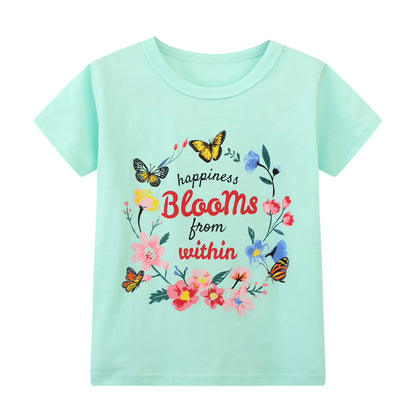 HILEELANG Big Kids Girls' Short Sleeve Tee Cotton Casual Crewneck Easter Butterfly Flowers Graphic Tops T-Shirts Purple Green 3 Packs Sets 10Years