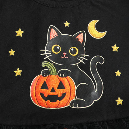 HILEELANG Girls Cotton Halloween Dress Black Cat Pumpkin Tulle Flutter Sleeve