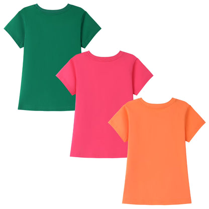 HILEELANG Little Girl Short Sleeve Tees Summer Pink Orange Green Heart Cotton Tops Shirts 3 Packs