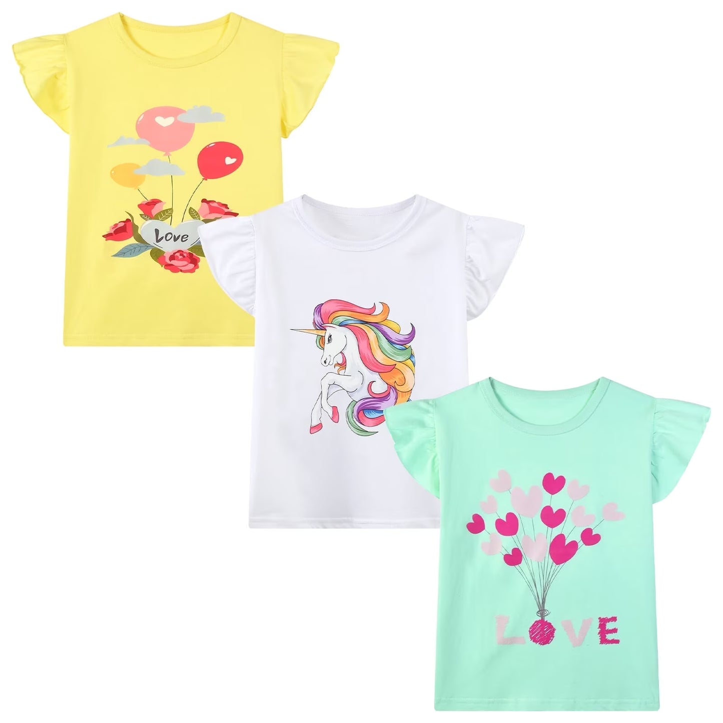 HILEELANG Little Girls' Short Sleeve Tee Shirt Cotton Casual Crewneck Unicorn Flowers Graphic Tops T-Shirts Black White Green 3 Packs