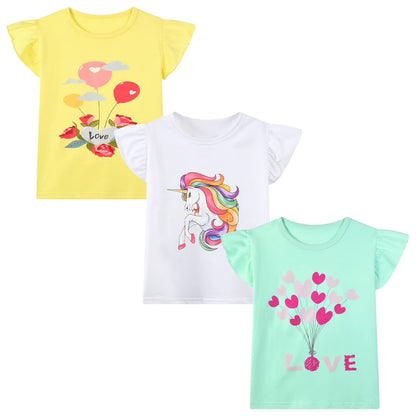 HILEELANG Little Girls' Short Sleeve Tee Shirt Cotton Casual Crewneck Unicorn Flowers Graphic Tops T-Shirts Black White Green 3 Packs