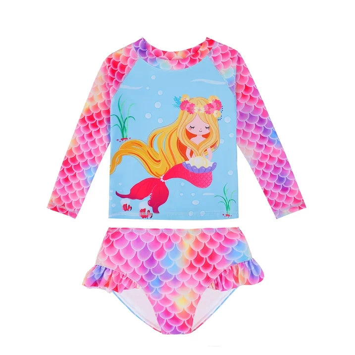 HILEELANG 3-9T Toddler/Little Girls Light Blue Mermaid Graphic Rainbow Scales Rashguard Swimsuit