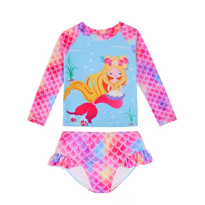 HILEELANG 3-9T Toddler/Little Girls Light Blue Mermaid Graphic Rainbow Scales Rashguard Swimsuit