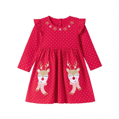 HILEELANG Girls’ Christmas Dress Long Sleeve Holiday Outfit with Reindeer Print, Red Ruffle Party Dress for Toddlers & Little Girls