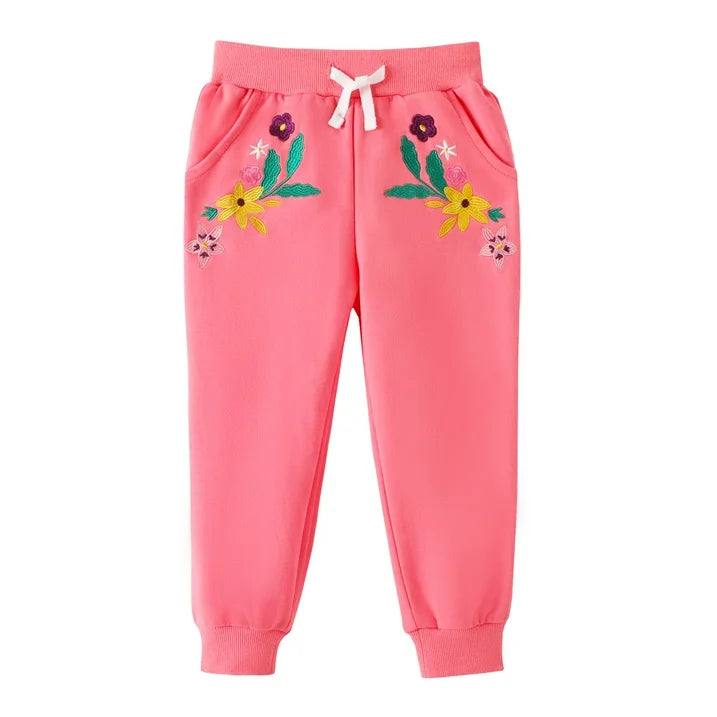 ILEELANG Toddler Girls（Age:12M-7Y) Cotton Joggers Sweatpants Floral Embroidery Drawstring Waist and Pockets-Pink Blue Casual Athletic Pants for Kids
