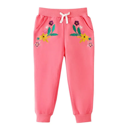 ILEELANG Toddler Girls（Age:12M-7Y) Cotton Joggers Sweatpants Floral Embroidery Drawstring Waist and Pockets-Pink Blue Casual Athletic Pants for Kids