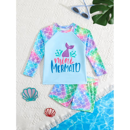 HILEELANG Toddler Girls' Rash Guard Sets Long Sleeve Shirts and Swim Shorts 2 Piece Blue Mermaid Swim