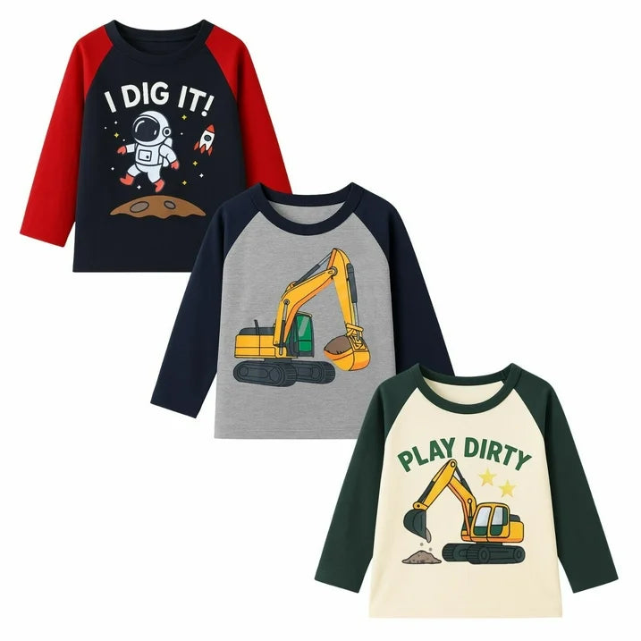 HILEELANG Toddler Boys（2Y-7Y) Shirt 3-Pack Excavator Graphic Long-Sleeve Tees Winter Cotton Casual Crewneck T-Shirts