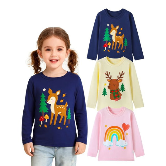 HILEELANG 2-7 Toddler/Little Girls Navy/Pink/Cream Forest Deer Rainbow Cute Spring Print 100% Cotton