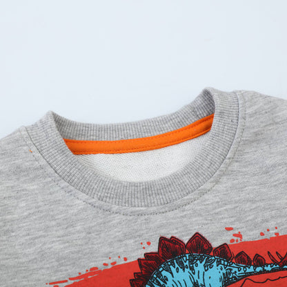HILEELANG Toddler Boy Long Sleeve Sweatshirts Grey Dinosaur Graphic Crewneck Pullover Cotton Top Sweater Shirts
