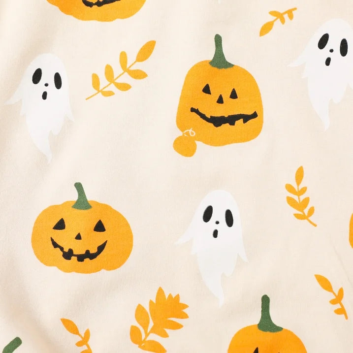 HILEELANG Toddler(18M-7T) Halloween Sweatshirt – 100% Cotton Pullover with Pumpkin Ghost and Leaf Print, Beige Fall Crewneck for Boys Girls