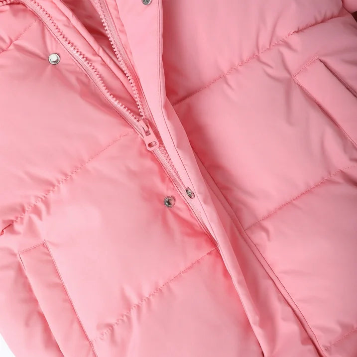 HILEELANG Girls Light Pink Mid-Length Puffer Coat – Warm Quilted Winter Jacket with Cute Bear Ear Hood, Lightweight Padded Outerwear for Kids