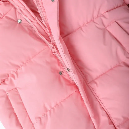 HILEELANG Girls Light Pink Mid-Length Puffer Coat – Warm Quilted Winter Jacket with Cute Bear Ear Hood, Lightweight Padded Outerwear for Kids