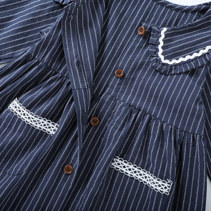 HILEELANG Baby Girls Peter Pan Collar Dress Long Sleeve Cotton Casual Navy Vertical Stripes School Playwear