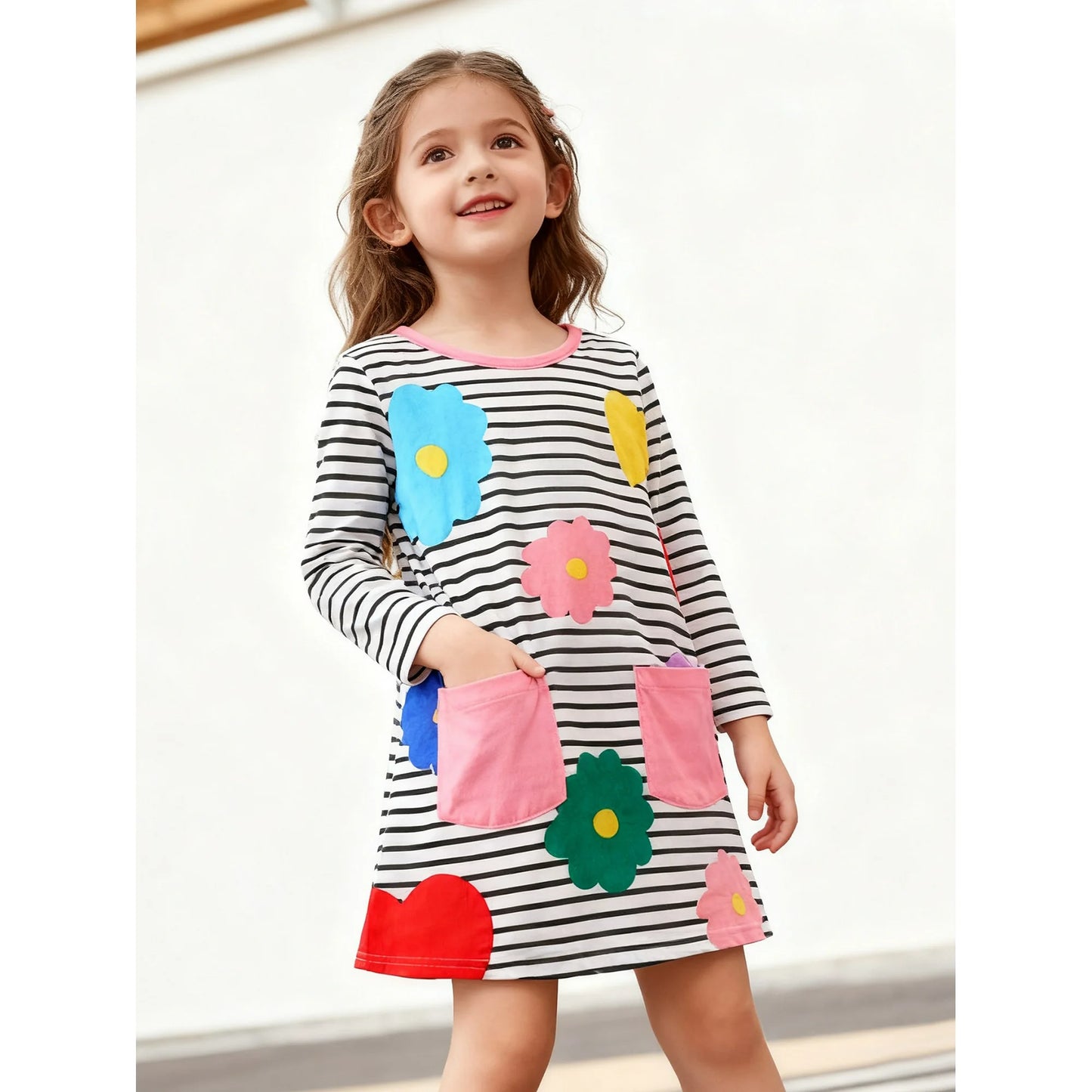 HILEELANG Toddler Girls Long Sleeved Dresses Christmas Winter Cotton Casual Cute Party Stripe Flowers Pattern Dress