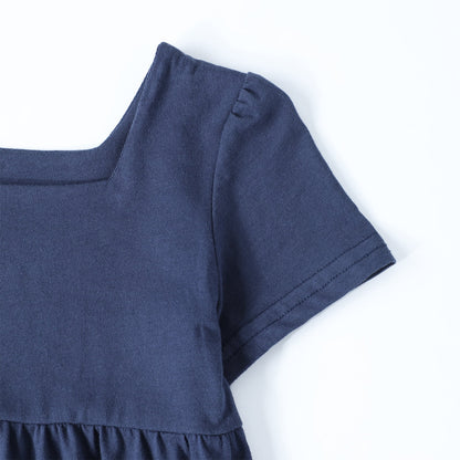 HILEELANG Toddler Girls 2-8T 100% Cotton Tiered Dress Solid Navy Short Sleeve Casual Dress