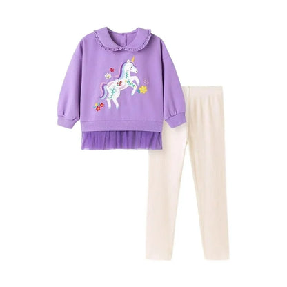 HILEELANG Toddler Girl Sweatshirt and Leggings Set （Age:2-7Y) – Long Sleeve Purple Unicorn Pullover with Collar and Off white Pants, Fall Winter Outfit for Kids