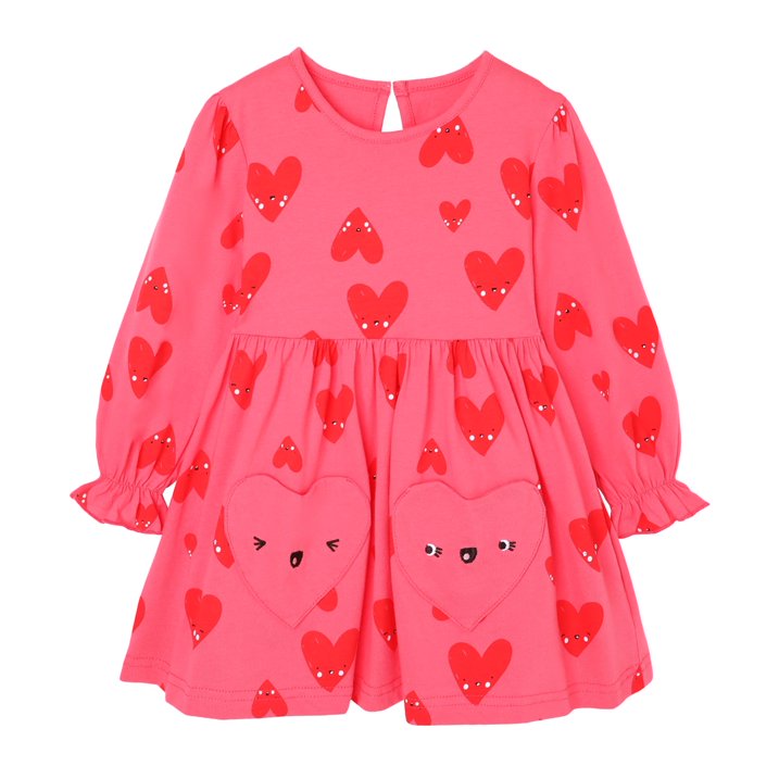 HILEELANG Toddler Girls Cotton Dress 2-7T, 100% Soft Cotton, Long Sleeve Cute Heart Print Casual Princess Outfit