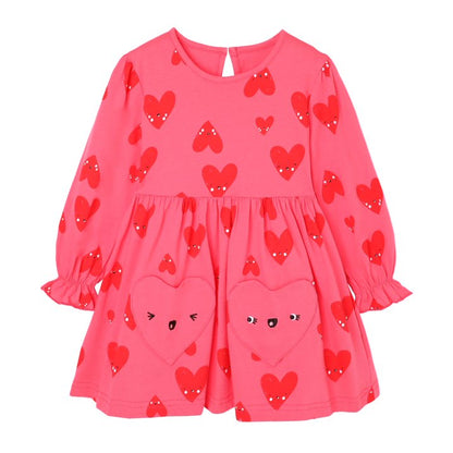 HILEELANG Toddler Girls Cotton Dress 2-7T, 100% Soft Cotton, Long Sleeve Cute Heart Print Casual Princess Outfit