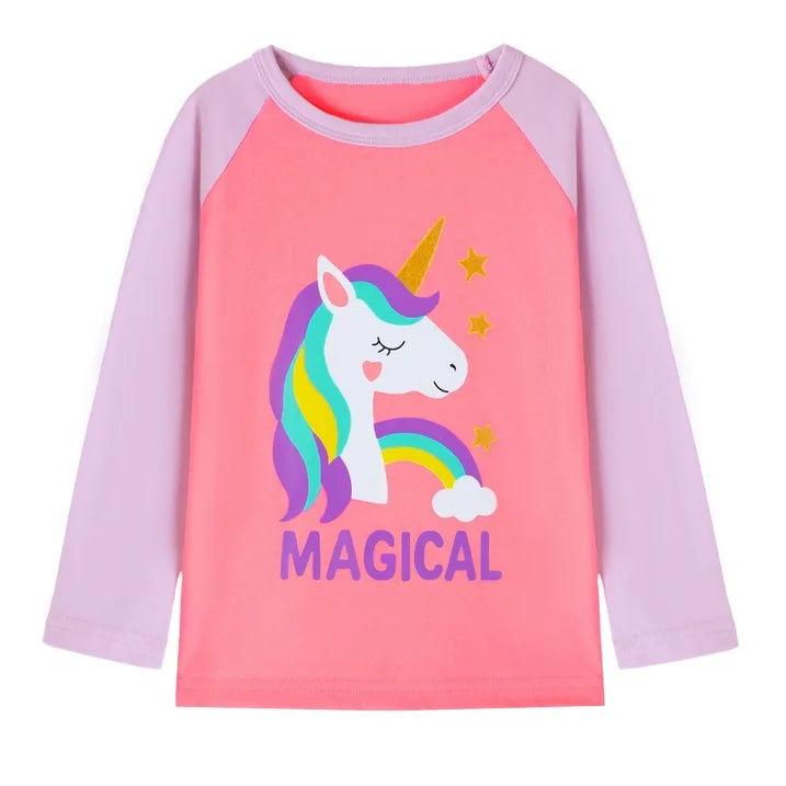 HILEELANG Toddler Girls Long Sleeve Unicorn T Shirts 3 Pack Christmas Red Unicorns Pink Purple Peach Ruffle Love Unicorn – 100% Cotton Fall Winter Kids Tops