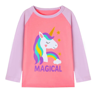 HILEELANG Toddler Girls Long Sleeve Unicorn T Shirts 3 Pack Christmas Red Unicorns Pink Purple Peach Ruffle Love Unicorn – 100% Cotton Fall Winter Kids Tops