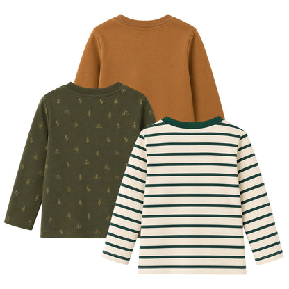 HILEELANG Boys Long Sleeve Shirts 3 Pack Cotton Tee Shirts Forest Mix