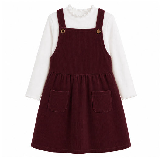 HILEELANG Toddler Burgundy Corduroy Overall Dress, Single Piece