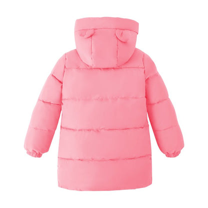 HILEELANG Girls Light Pink Mid-Length Puffer Coat – Warm Quilted Winter Jacket with Cute Bear Ear Hood, Lightweight Padded Outerwear for Kids