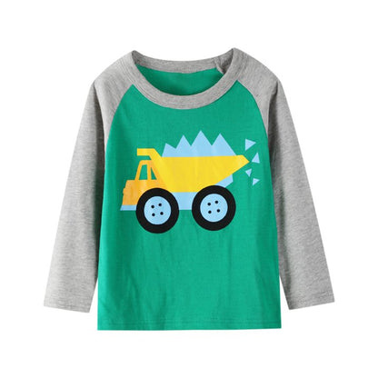 HILEELANG Toddler Boys' Long Sleeve Tee Shirt Christmas Cotton Casual Crewneck Excavator Graphic Tops T-Shirts Yellow Blue 3 Packs