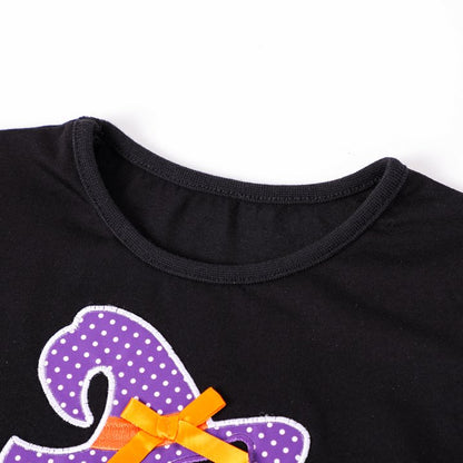 HILEELANG Toddler Girl Hallowen 2-8years old Dress Novelty Long Sleeve Black Cat Applique Purple Tulle Tutu Outfits With Witch Hat