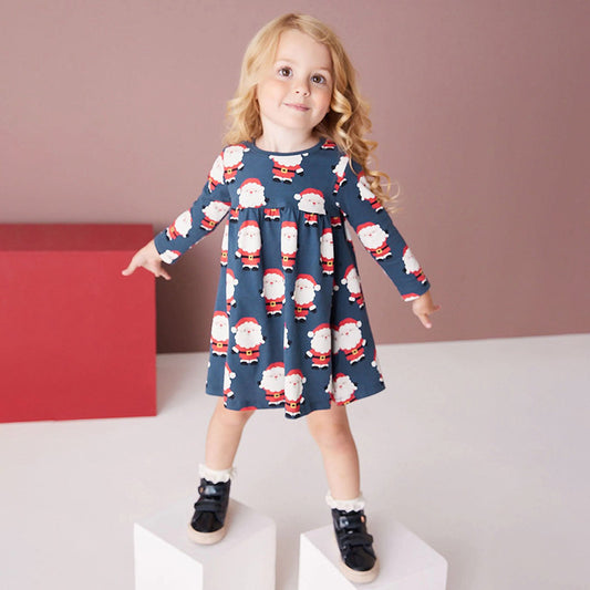 HILEELANG Toddler Girl Christmas Dress Navy Blue Santa Claus Cotton Casual Long Sleeve Tunic Playwear Holiday Dresses