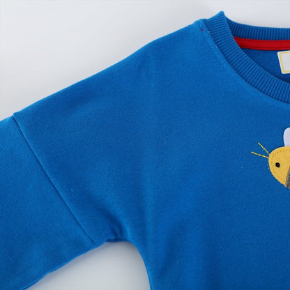 HILEELANG Toddler Girls(2-7Y) Blue Sweatshirt Cotton Falling Shoulder Sleeve Pullover Colorful Royal Flower Fall Winter Shirt