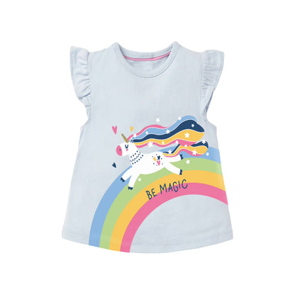 HILEELANG Toddler Girl Cotton Crewneck Tee, Short Sleeve Unicorn Puppy Graphic T-Shirts, Pink/Yellow/Blue, 3-Pack