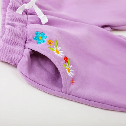 HILEELANG Toddler Girls（Age:12M-7Y) Cotton Joggers Sweatpants Floral Embroidery Drawstring Waist and Pockets-Purple Navy Blue Casual Athletic Pants for Kids